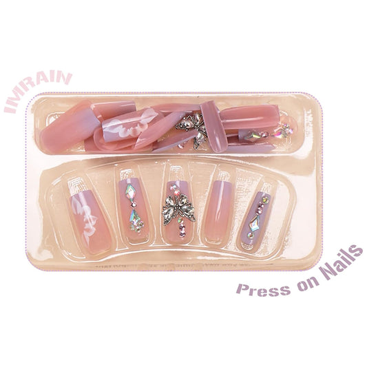 Press on Nails Long Square Fake Nails Purple Gradient Glossy False Nails Full Cover Glue on Nails with Butterfly Rhinestone Designs Artificial Summer Acrylic Squoval Nail Kit