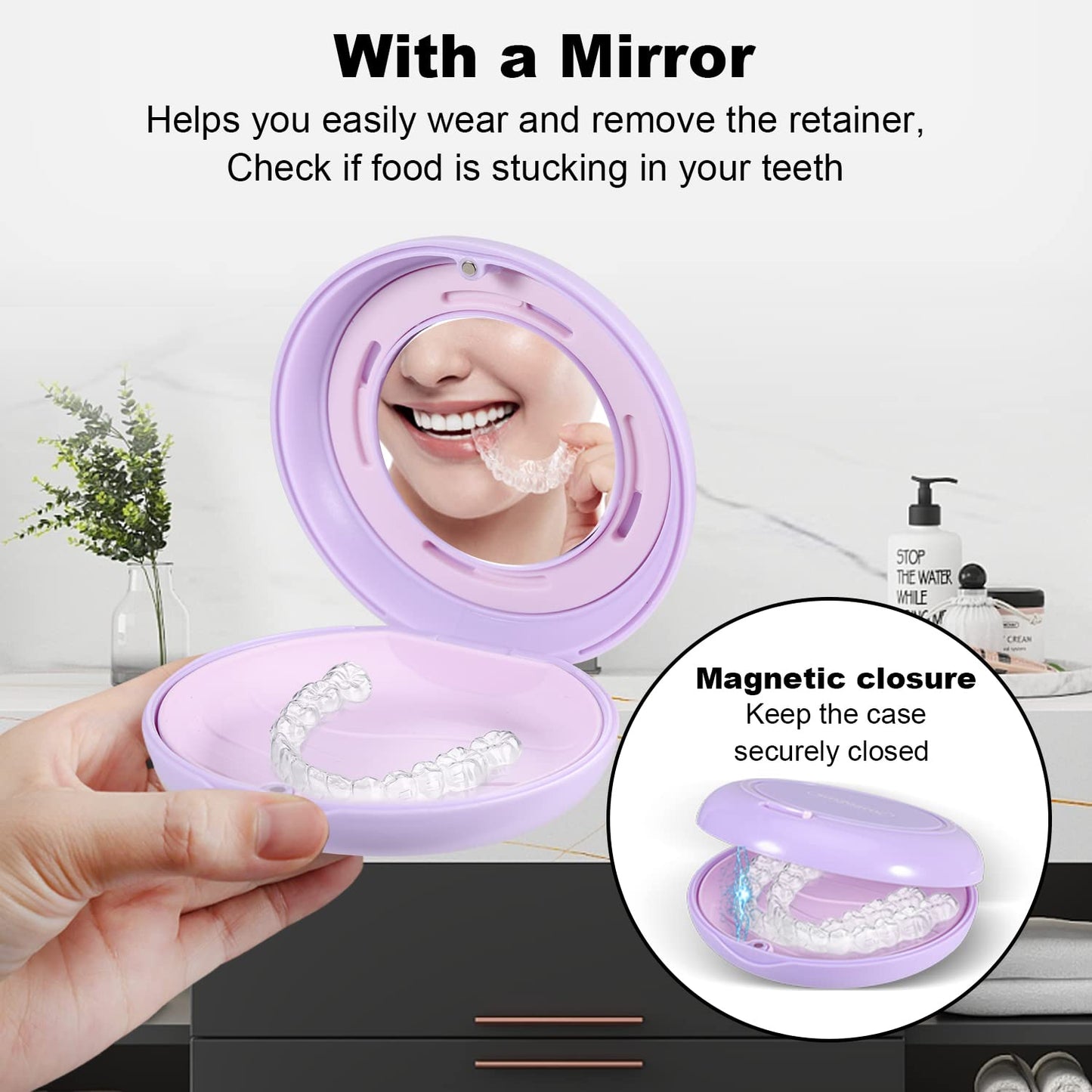 Retainer Case, Slim Aligner Case with Adjustable Vent Holes and Mirror, Compatible with Invisalign, Night Guard and Mouth Guard, Premium Retainer Case, with Aligner Remover Tool, Chew & Brush